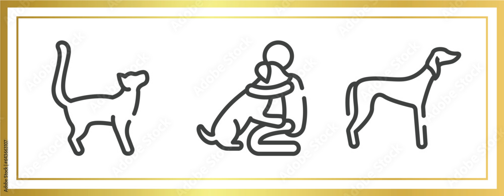 dog breeds fullbody outline icons set. linear icons sheet included bengal cat, null, saluki vector.