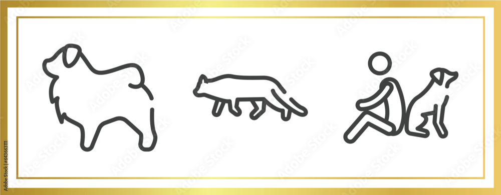 dog and training outline icons set. linear icons sheet included tibetan mastiff, snowshoe cat, dog and man seating vector.