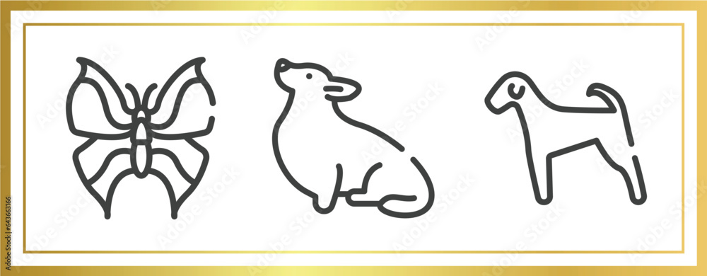 dog breeds fullbody outline icons set. linear icons sheet included leaf butterfly, corgi, airedale vector.