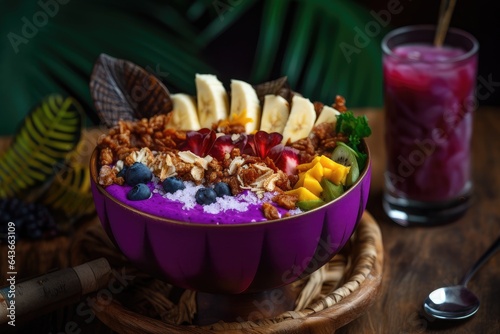 Tropical acai bowl with granola and banana.  generative IA