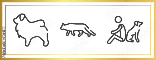 dog and training outline icons set. linear icons sheet included tibetan mastiff, snowshoe cat, dog and man seating vector.