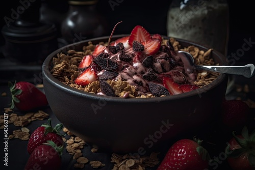 Acai bowl with granola, strawberries and coconut., generative IA photo
