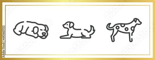 dog breeds fullbody outline icons set. linear icons sheet included dog sleeping, dog lying, dalmatian vector.