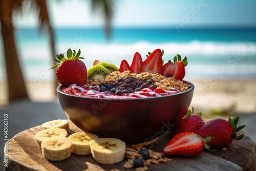 Fresh acai served in a tropical bowl, with the beach in the background., generative IA