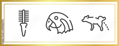 dog and training outline icons set. linear icons sheet included flea comb, parrot head, dog urinating vector.