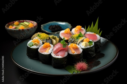Artistic sushi feast: sashimi, uramaki and crispy seaweed. Freshness and captivating colors. #MidJourney, generative IA