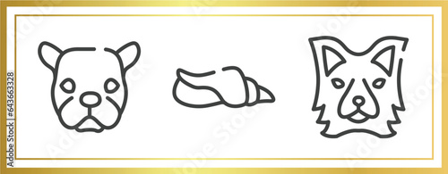 woof woof outline icons set. linear icons sheet included face of staring dog, seashell conch, border collie head vector.