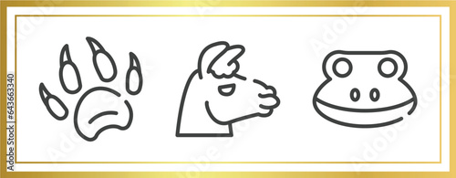 fauna outline icons set. linear icons sheet included animal paw print, lama head, frog head vector.