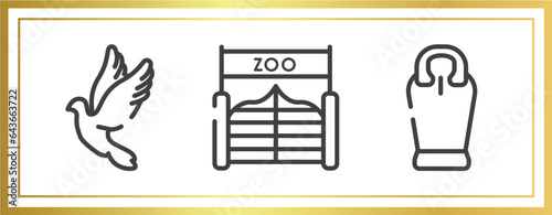 desert outline icons set. linear icons sheet included dove, zoo, sarcophagus vector.
