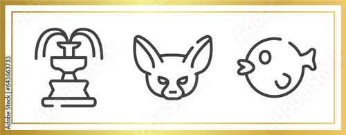 wildlife outline icons set. linear icons sheet included fountain, fennec, puffer fish vector.