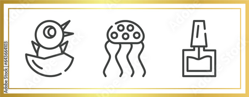 pet grooming outline icons set. linear icons sheet included chick, jellyfish, nail polish vector.