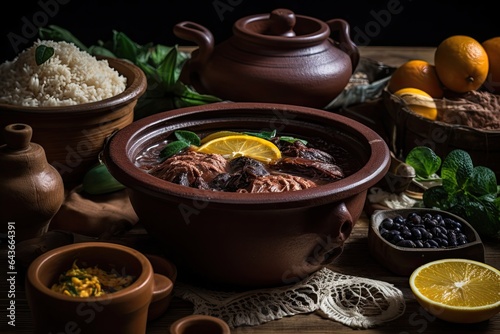 Traditional Brazilian feijoada on a rustic table., generative IA