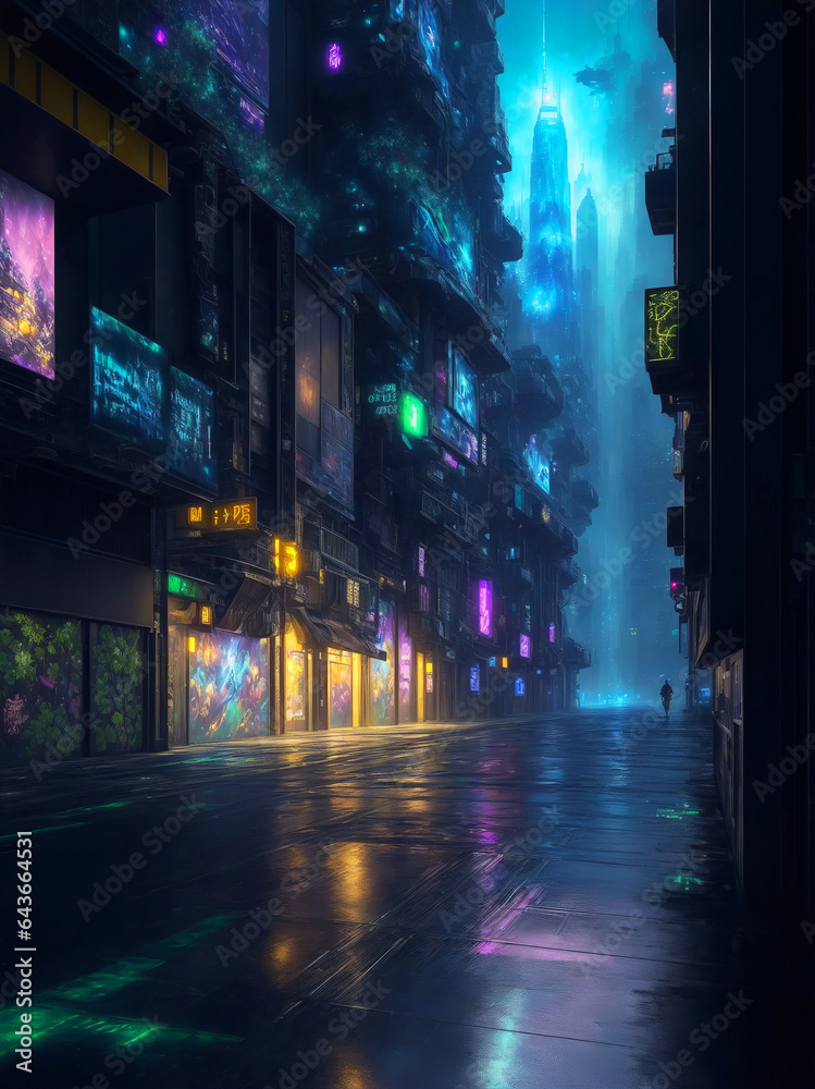 Modern Futuristic Night Cityscape with Skyscraper and Glowing Neon Light on an Empty Street. A Vision of the Future Style Design for Wallpaper, Poster, Banner, Invitation or Cover. Ai Generated.