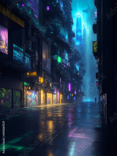 Modern Futuristic Night Cityscape with Skyscraper and Glowing Neon Light on an Empty Street. A Vision of the Future Style Design for Wallpaper  Poster  Banner  Invitation or Cover. Ai Generated.