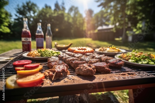 Sunny barbecue with friends and grilling meat., generative IA
