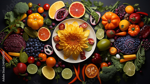 A vibrant plate of fresh, colorful vegetables and fruits arranged in an artful manner, celebrating the essence of vegan cuisine