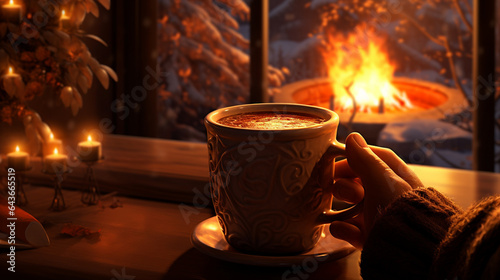 A cozy scene of a person sipping a steaming cup of vegan hot cocoa by a fireplace, complete with dairy-free whipped cream and cocoa powder