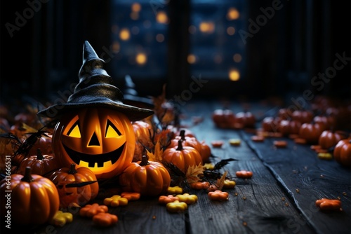 Colorful candies and 3D rendered jack o lantern pumpkins in witch hats celebrate Halloween photo