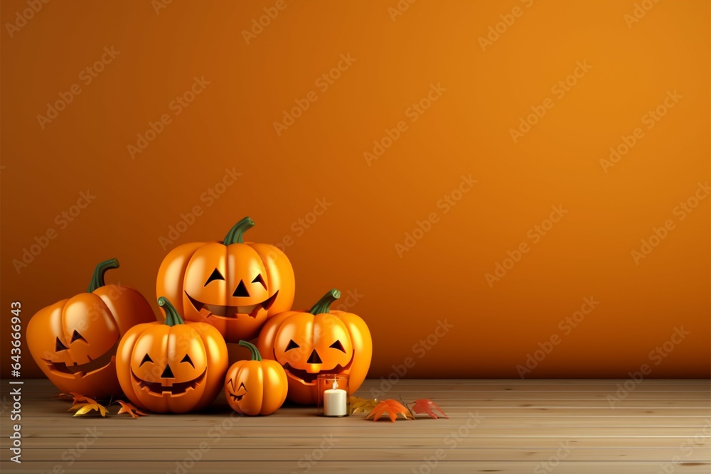 Festive Halloween background with gift box, pumpkin, balloon, and copy space Festive Halloween background with gift box, pumpkin, balloon, and copy space