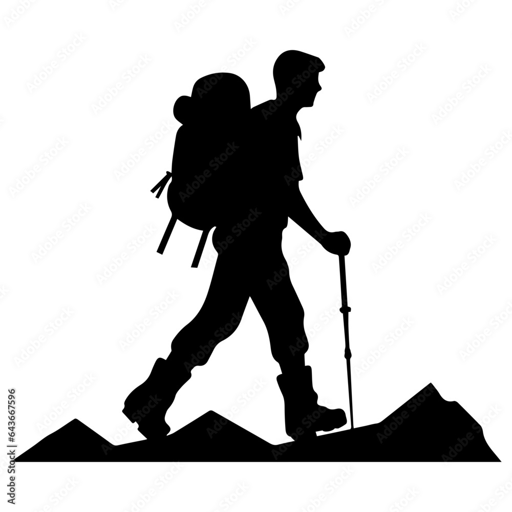 man hiking mountain with stick