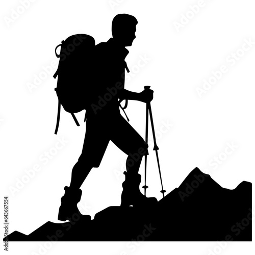 man hiking mountain with stick