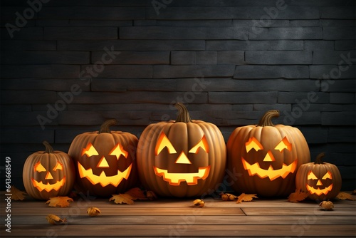 Spooky jack o lantern pumpkins in 3D, set against a wooden background