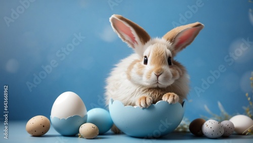 A rabbit on the egg shell with blue background