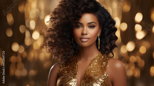 African American woman in gold on golden sparkling background, girl in golden dress.