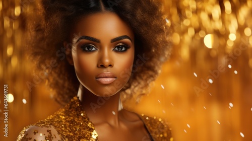 African American woman in gold on golden sparkling background, girl in golden dress.