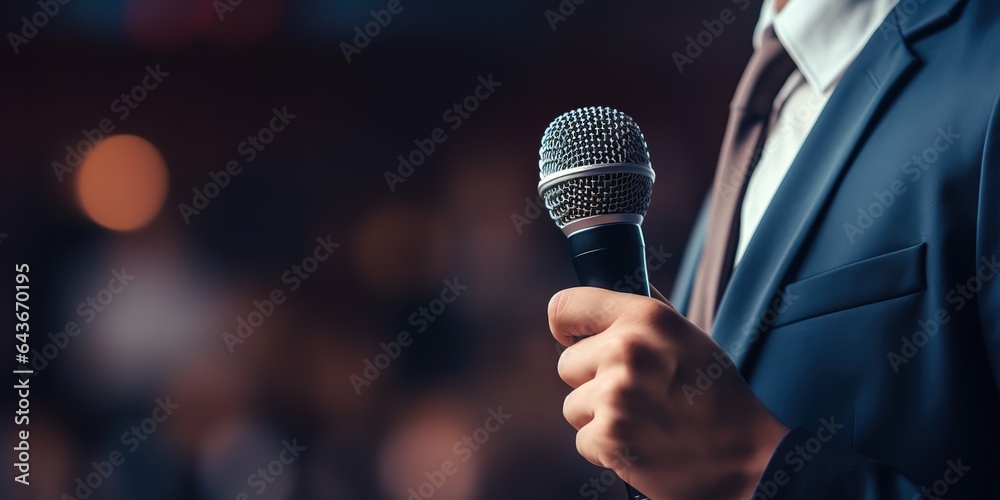 Motivational man with microphone on stage. - obrazy, fototapety, plakaty 