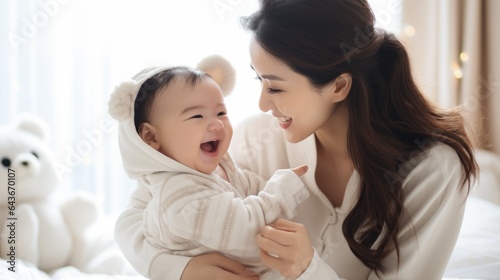 New Asian mom playing with cute newborn baby on bed smiling and happy and baby