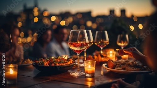 People toasting glasses of red wine at rooftop dinner - Happy friends eating meat and drinking glasses of wine at restaurant patio © sirisakboakaew