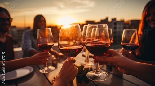 People toasting glasses of red wine at rooftop dinner - Happy friends eating meat and drinking glasses of wine at restaurant patio