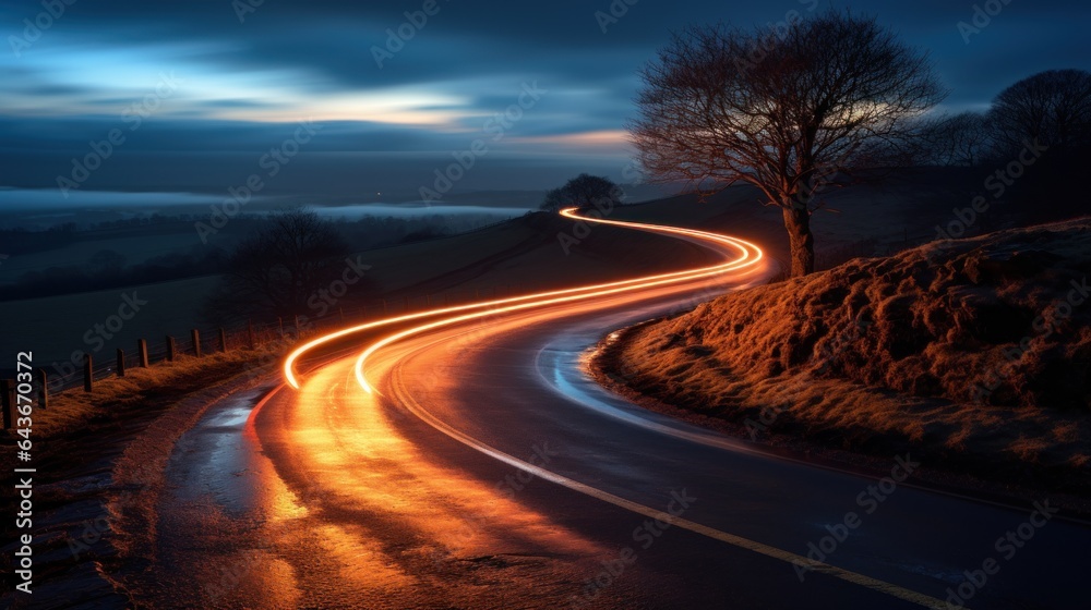 A curvy, winding country road with a path of light from leading headlights passes.