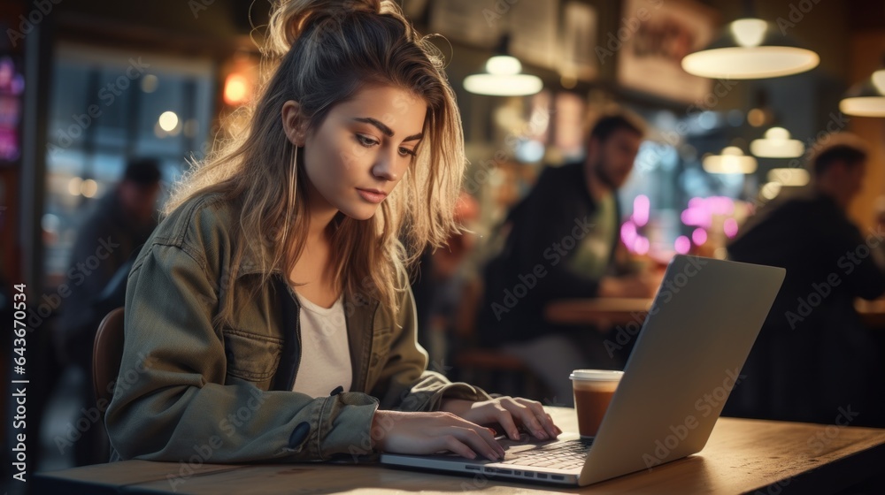 young woman working on laptop in coffee shop tattooed woman young woman working on laptop in coffee shop tattooed woman
