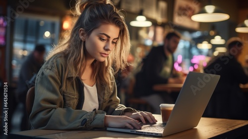 young woman working on laptop in coffee shop tattooed woman