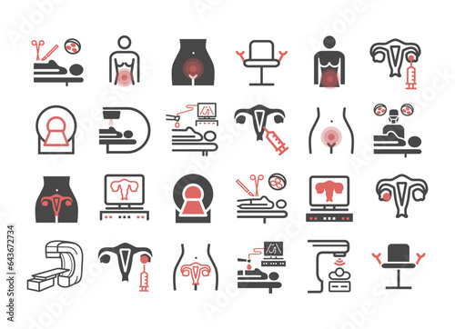 Ovarian Cancer. Symptoms, Causes, Treatment. Line icons set. Vector signs for web graphics.
