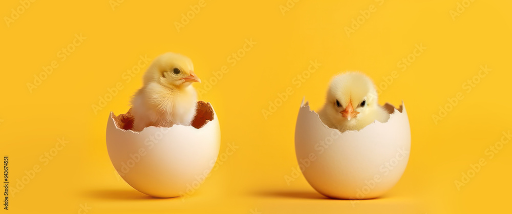 small yellow chickens in a shell on a yellow background. postcard with copy space, easter concept. small yellow chickens in a shell on a yellow background. postcard with copy space, easter concept.