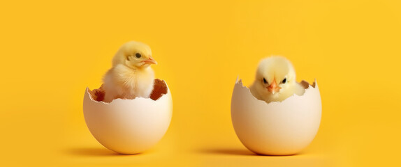 small yellow chickens in a shell on a yellow background. postcard with copy space, easter concept. 