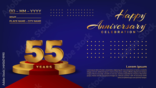 55th anniversary celebration vector template with 3D numbers style and golden stage, Vector template