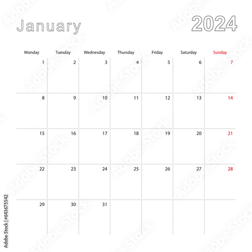 Simple wall calendar for January 2024 with dotted lines. The calendar is in English, week start from Monday.