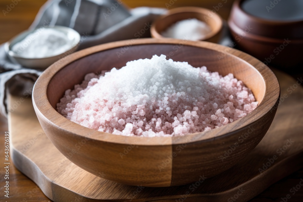 In a wooden bowl, sea salt for the bath.