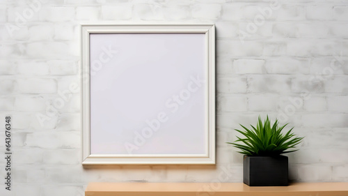 A blank frame on the table and the background of the white brick wall. 3D rendering. © Helen-HD