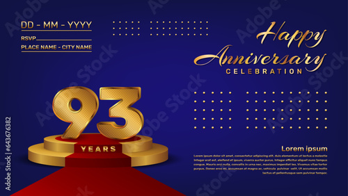 93th anniversary celebration vector template with 3D numbers style and golden stage, Vector template photo