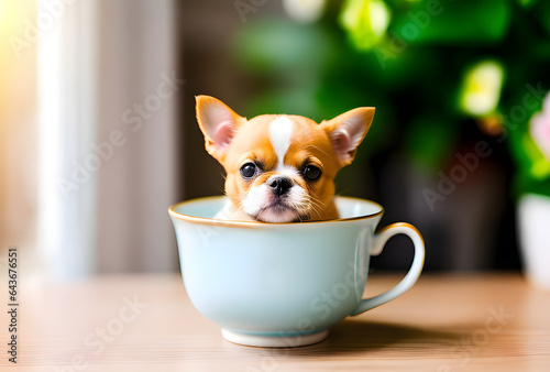 a cute puppy in a teacup, Illustration by Generative Ai  © photofang