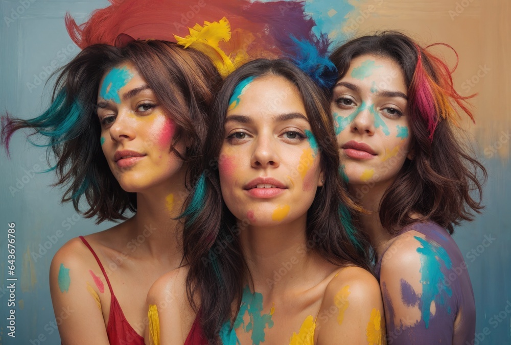 three women playing with bright red blue yellow colours three women playing with bright red blue yellow colours