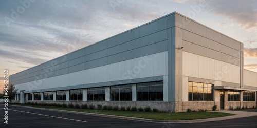 a large warehouse building with a lot of windows and grass in front of it at sunset or dawn with a cloudy sky
