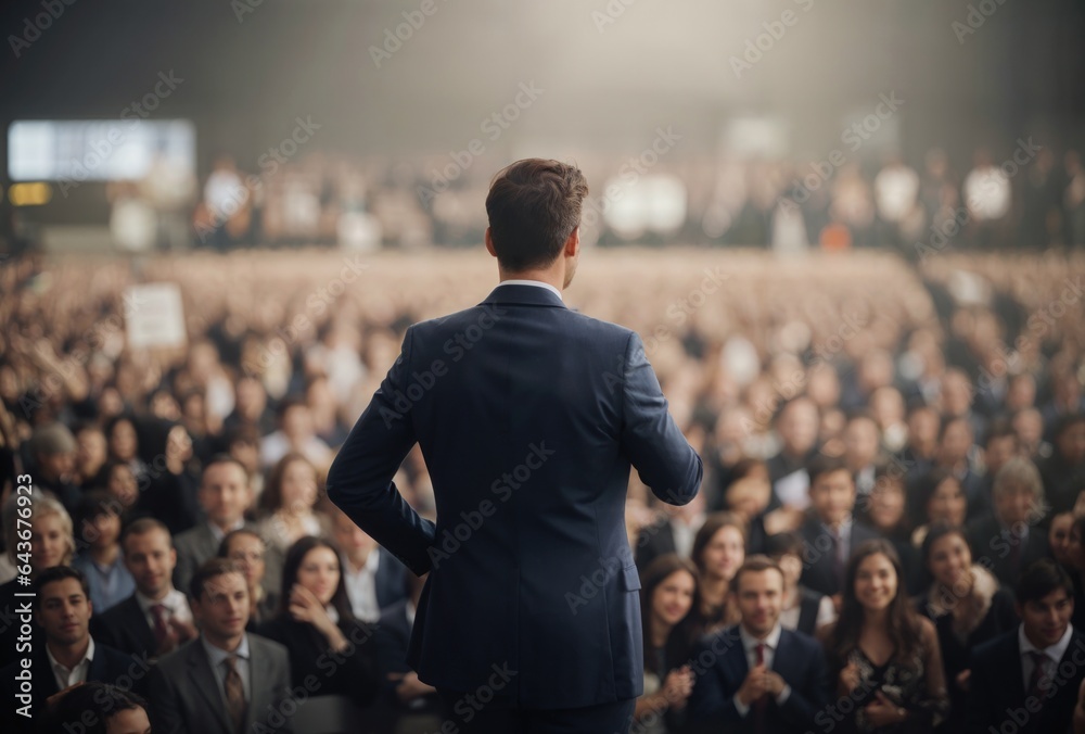 Fototapeta premium a confident CEO leader politician standing before audience or press conference with back view