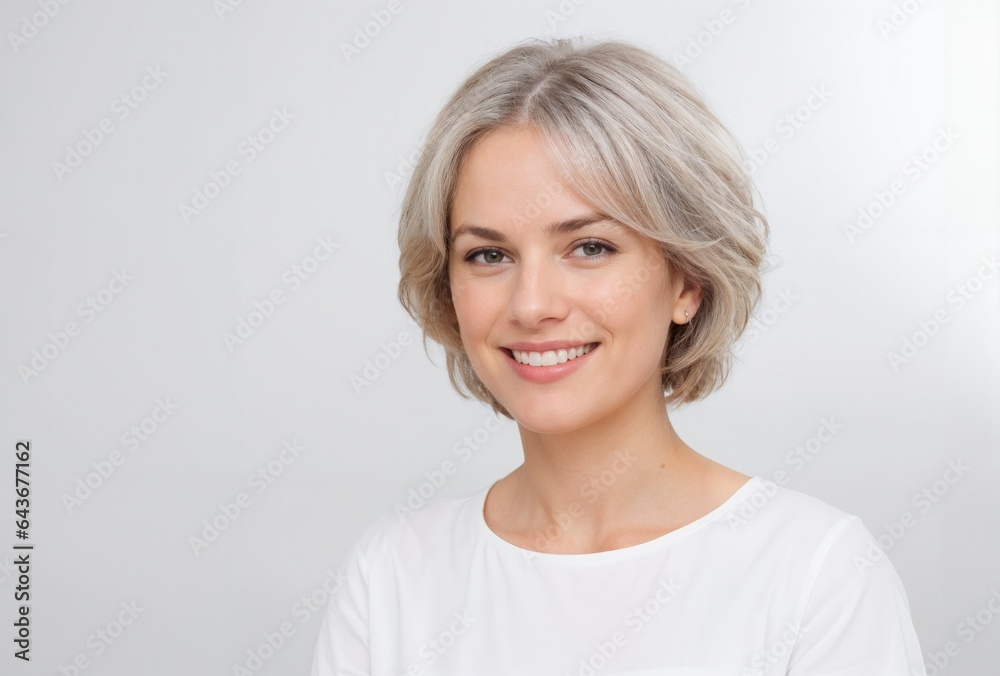 a portrait of an older woman with grey hair and a white shirt smiling on a white background a portrait of an older woman with grey hair and a white shirt smiling on a white background