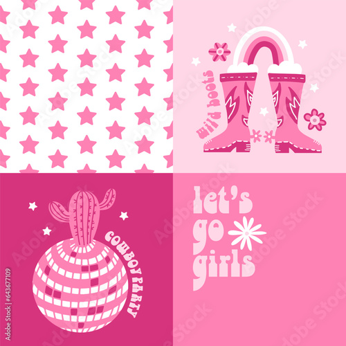 Groovy Girly square carts set with Cowgirl Boots, disco ball and Retro Lettering Text for rodeo party on a pink background. 60s flat Vector hand drawn Illustration